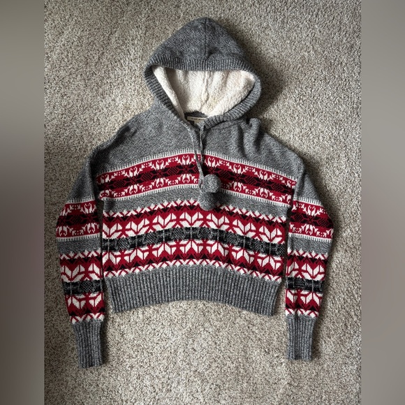 yet again Sweaters - YET AGAIN Fair Isle Sweater Sherpa-lined Hoodie Pom-Pom Drawstring Gray & Red M